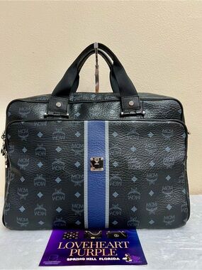 MCM Black and Blue Logo Stripe Briefcase